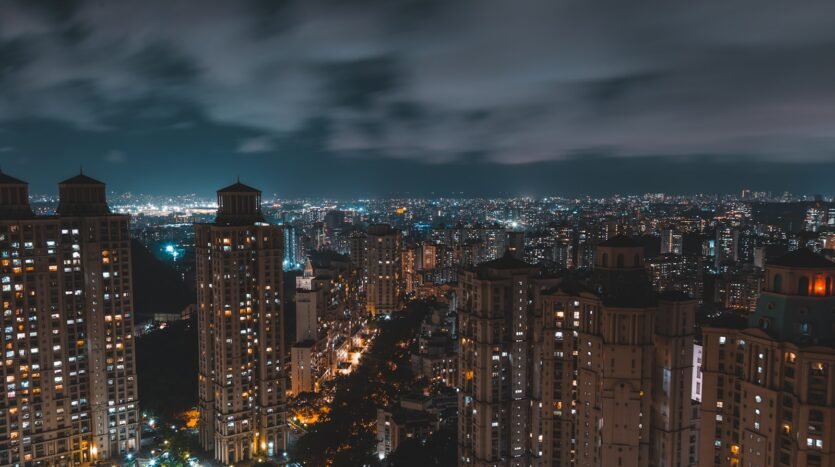city high-rise buildings at night